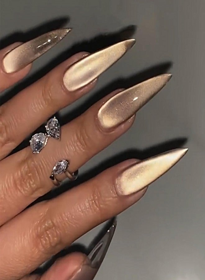 MABKJLF Long Press on Nails Stiletto MABKJLF Gold Fake Nails Solid Colour False Nails Gold Glitter Full Cover Sparkly Glossy Stick on Nail Glue on Nail for Women Girls 24Pcs - Image 1